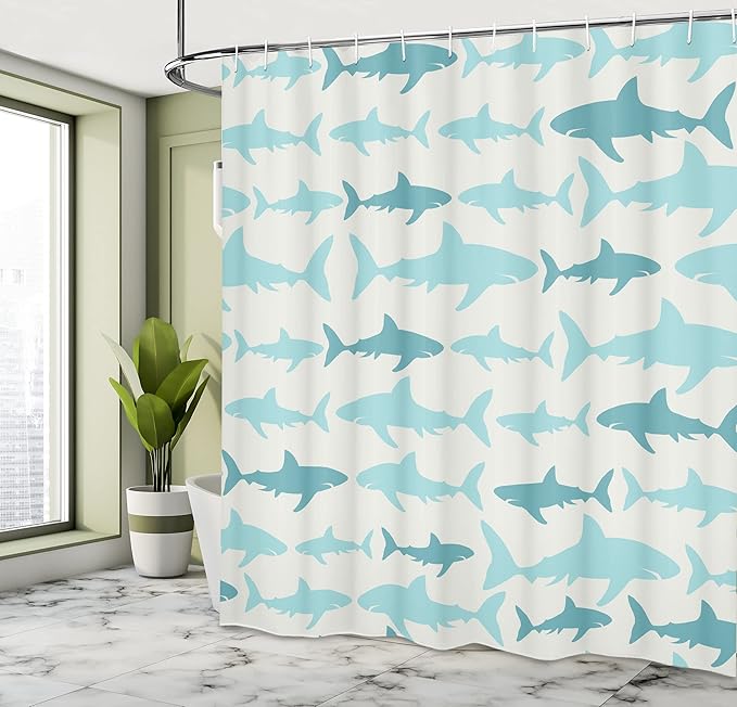 Ambesonne Sea Animals Shower Curtain, Monochrome Shark Illustration Fashion Maritime Illustration Aquatics, Cloth Fabric Bathroom Decor Set with Hooks, 69" W x 70" L, White Blue