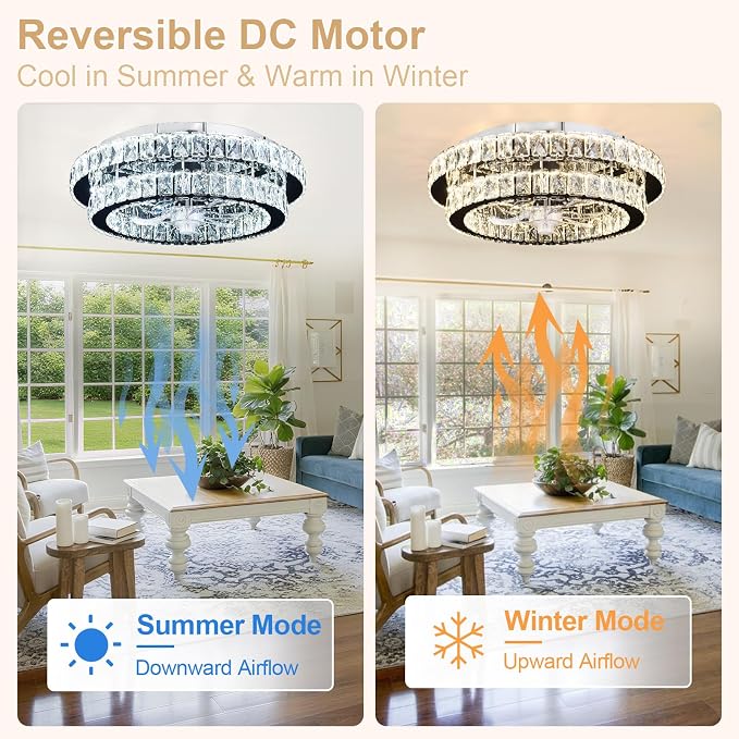 Depuley Modern Ceiling Fan with Lights: 20" Sliver Chandelier Cagd Fan with Remote Control - Modern Crystal Fandelier for Girl's Bedroom Living Room Nursery