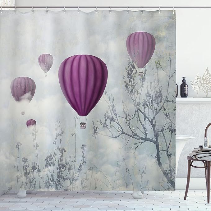 Ambesonne Fantasy Shower Curtain, Hot Air Balloons in The Clouds Dream Journey to Secret Paradise Romantic Design, Cloth Fabric Bathroom Decor Set with Hooks, 69" W x 75" L, Purple White