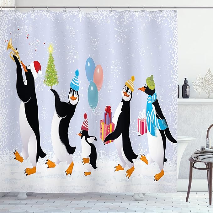 Ambesonne Christmas Shower Curtain, Group of Penguins in Caps Walking on Snow with Surprise, Cloth Fabric Bathroom Decor Set with Hooks, 69" W x 75" L, Soft Lavender