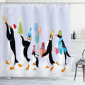 Ambesonne Christmas Shower Curtain, Group of Penguins in Caps Walking on Snow with Surprise, Cloth Fabric Bathroom Decor Set with Hooks, 69" W x 75" L, Soft Lavender