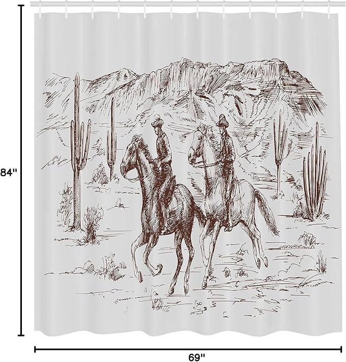 Ambesonne Western Shower Curtain, Country Theme Hand Drawn Illustration of American Wild West Desert with Cowboys, Cloth Fabric Bathroom Decor Set with Hooks, 69" W x 75" L, Umber Pearl