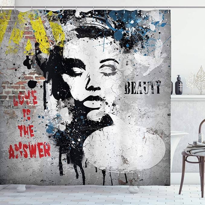 Ambesonne Graffiti Shower Curtain, Modern and Grunge Wall with a Girl and Words Casual Youth Urban Fashion Print, Cloth Fabric Bathroom Decor Set with Hooks, 69" W x 75" L, Yellow Grey