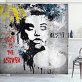 Ambesonne Graffiti Shower Curtain, Modern and Grunge Wall with a Girl and Words Casual Youth Urban Fashion Print, Cloth Fabric Bathroom Decor Set with Hooks, 69" W x 75" L, Yellow Grey