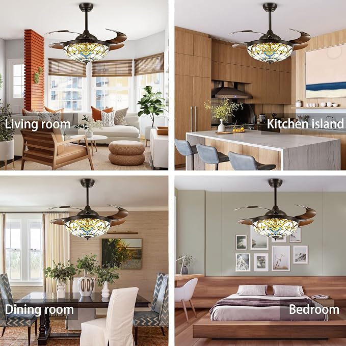 42" Tiffany Ceiling Fans with Lights Stained Glass Ceiling Fan Retractable Chandelier Fan with Remote Control Dimmable with 4 Reverse Blades for Bedroom, Living and Dining Room