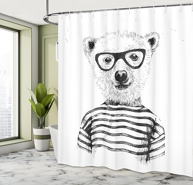 Ambesonne Animal Shower Curtain, Dressed up Hipster Nerd Smart Male Bear in Glasses Fun Character Animal Art Print, Cloth Fabric Bathroom Decor Set with Hooks, 69" W x 75" L, White Charcoal Grey