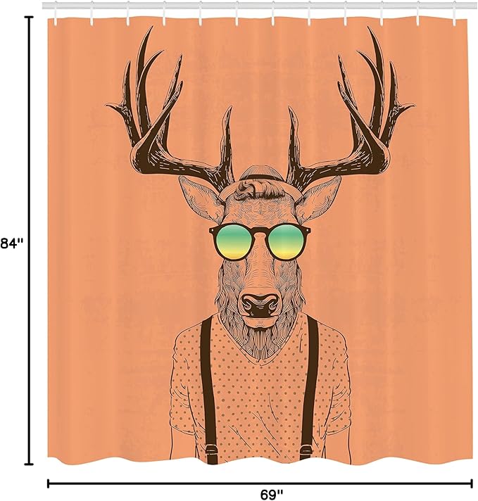 Ambesonne Antlers Shower Curtain, Illustration of Deer Dressed up Like Cool Hipster Fashion Creative Fun Animal, Cloth Fabric Bathroom Decor Set with Hooks, 69" W x 84" L, Dark Peach