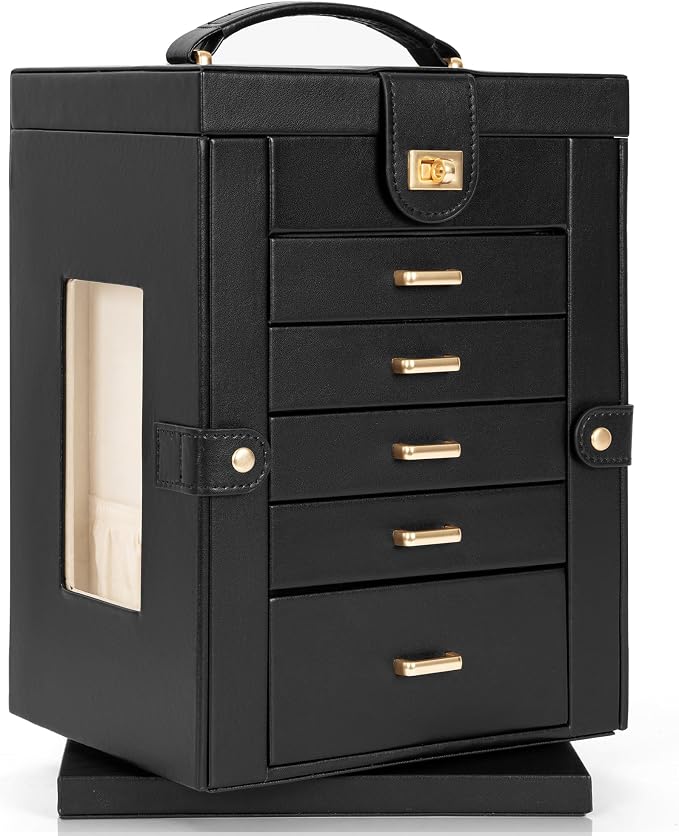 AKOZLIN 6-Tier Jewelry Box Organizer Functional 5 Drawers Leather Jewelry Storage Case for Women Girls Ring Necklace Earring Bracelet Holder Organizer with Mirror Black 360° Rotating