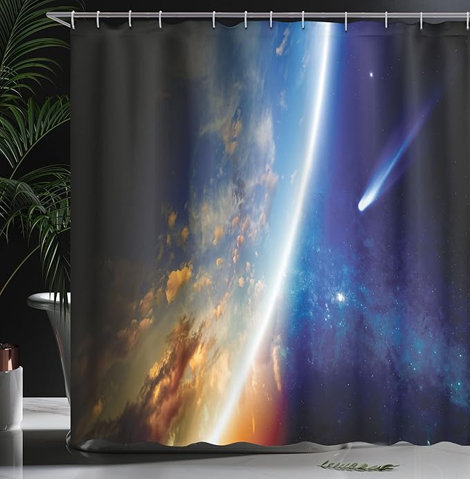 Ambesonne Outer Space Shower Curtain, Comet Approaches Planet Earth Nebula and Stars in Space Picture, Cloth Fabric Bathroom Decor Set with Hooks, 69" W x 70" L, Navy Blue Marigold White