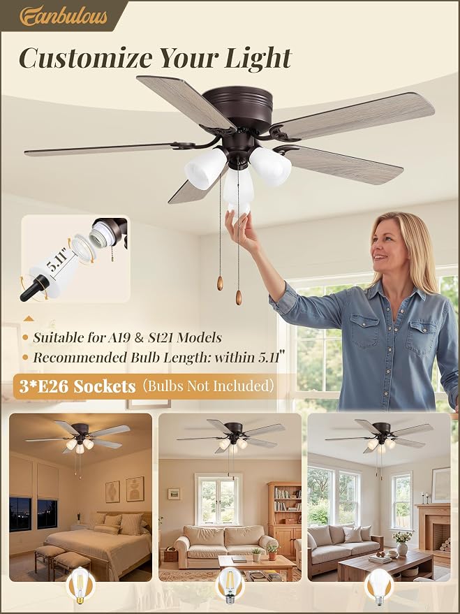 Fanbulous 52" Flush Mount Ceiling Fan with 3 Lights, DC Motor, Oil Bronze | 6-Speed Timer, Shatterproof PP Shades, Remote & Pull Chain Control, Vintage for Bedroom, Living Room, Dining Room
