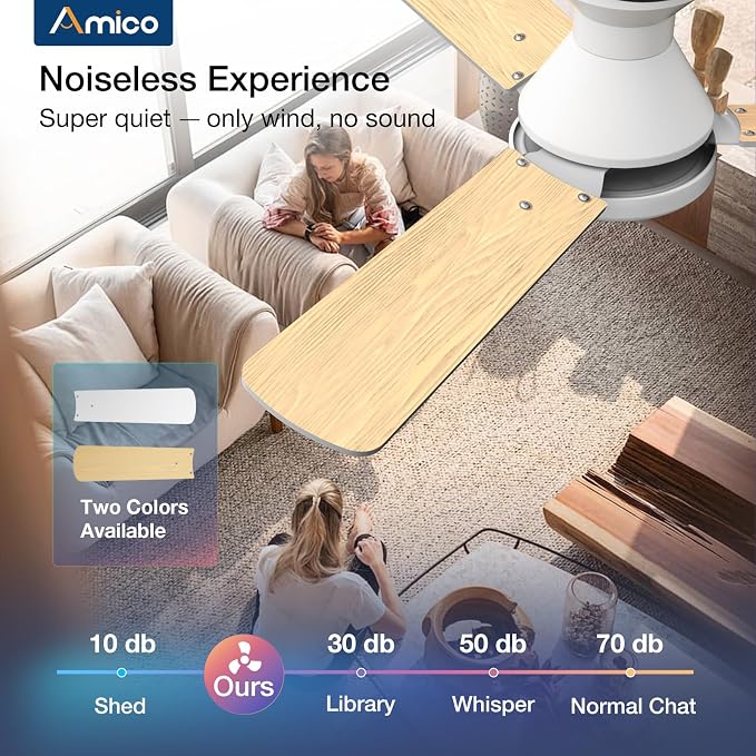 Amico 2 Pack Ceiling Fans with Lights, 42 inch Low Profile Ceiling Fan with Light and Remote Control, Flush Mount, Reversible, 3CCT, Dimmable, Noiseless, White Ceiling Fan for Bedroom, Indoor/Outdoor