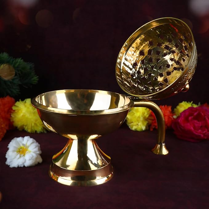 SATVIK 1 Pc Pure Brass Antique Incense Holder Dhuni Burner with Long Brass Handle Handheld Puja Dhuna Loban Burner Pooja Agarbatti Dhoop Pot Dhuni Stand Indian Housewarming Return Gift Items Bulk