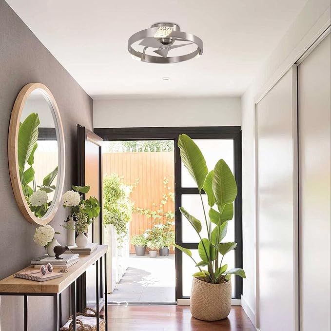 20" Low Profile Nickel Caged Ceiling Fan with Light and Remote - Modern Flush Mount Ceiling Fan, DC Motor, 3CCT, Timer, Unique Silver Fandelier Ceiling Fans for Bedroom Kitchen Living Room