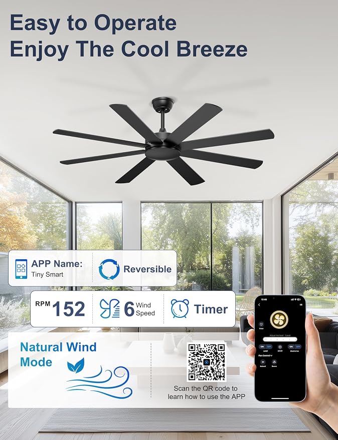 60'' Black Ceiling Fan No Lights for Indoor/Covered Outdoor | Remote/APP Control, 5980 CFM Airflow, Quiet DC Motor, Reversible Airflow, 8 Blades Modern Overhead Fan for Patio, Garage