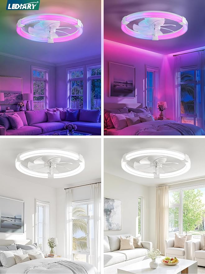 LEDIARY Ceiling Fan with Light,20inch Low Profile Fandelier with Remote RGB | RGB,6 Speeds, Reversible DC Motor, Dimmable Flush Mount Fan Light, Modern fans for Bedroom