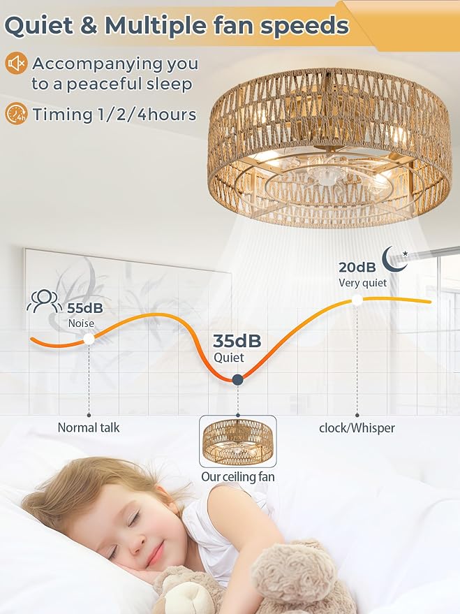 Boho Caged Ceiling Fans with Lights Flush Mount, Hand-Woven Rattan Ceiling Fans with Light and Remote Control, Enclosed Timing 6 Speeds Reversible for Living Room Bedroom Dining Room