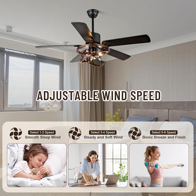 52" Adjustable Wood Grain Iron Cage Ceiling Fans with Lights | Industrial Farmhouse Ceiling Fan with 5 Reversible Dual-Color Blades,DC Quiet Motor,6 Speeds,Timer for Bedroom Living Room