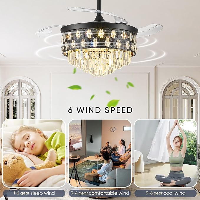 42'' Fandelier Ceiling Fan with Light, Chandelier Ceiling Fans with Lights, Crystal Ceiling Fans for Bedroom Living Room, LED Dimmable, 6 Wind Speed,3 Color Temperatures-9052 Black