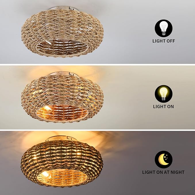 Boho Caged Ceiling Fans with Lights Flush Mount,Low Profile Ceiling Fan with Remote and APP,20 Inch Rattan Fan for Bedroom,6 Speeds Reversible Silent Fandalier (4 LED Bulb Include)…