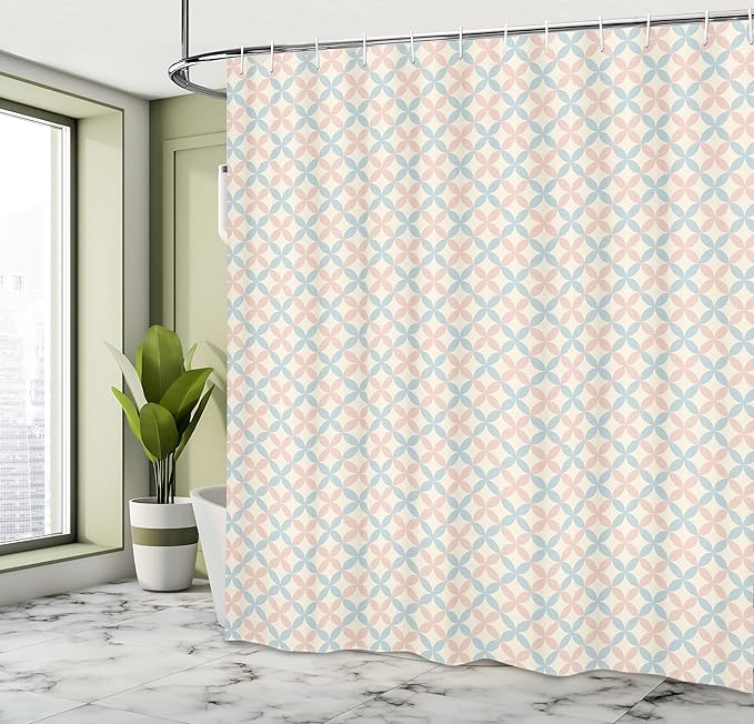 Ambesonne Shabby Flora Shower Curtain, Floral Motif Pastel Colors Flower Petals Pattern Geometric Ornate, Cloth Fabric Bathroom Decor Set with Hooks, 69" W x 75" L, Cream Salmon Pale Blue