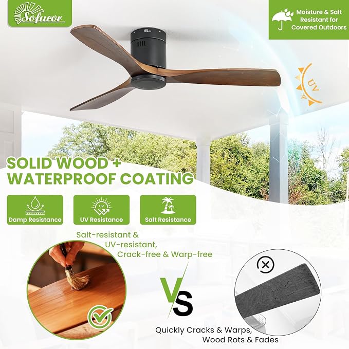 Sofucor 52 Inch Low Profile Ceiling Fans No Light, Modern Flush Mount Solid Wood Ceiling Fan with Airflow 5000CFM, Quiet DC Motor, 6 Speeds, Timer & Reversible for Bedroom Living Room, ETL, Walnut