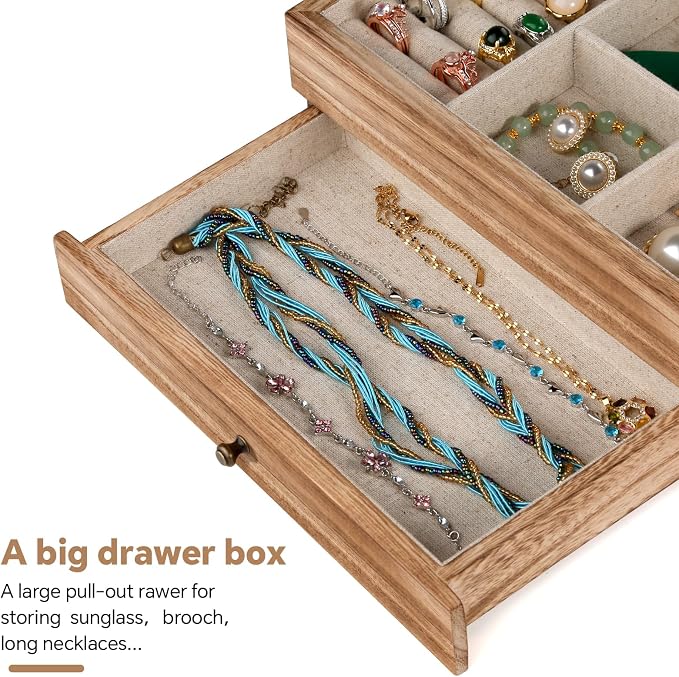 Meangood Jewelry Box Organizer for Women, 2 Layer Large Jewelry Storage Case, Rustic Wooden Jewelry Box with Mirror & Ring Tray for Necklace Earring Bracelets Rings, Vintage Style (Torched Wood)