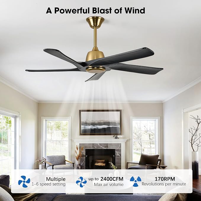 52 Inch Solid Wood Ceiling Fan No Lights, Remote and APP Control, DC Motor, 6-speed Reversible, for Bedroom, Living Room, Office, Black Gold