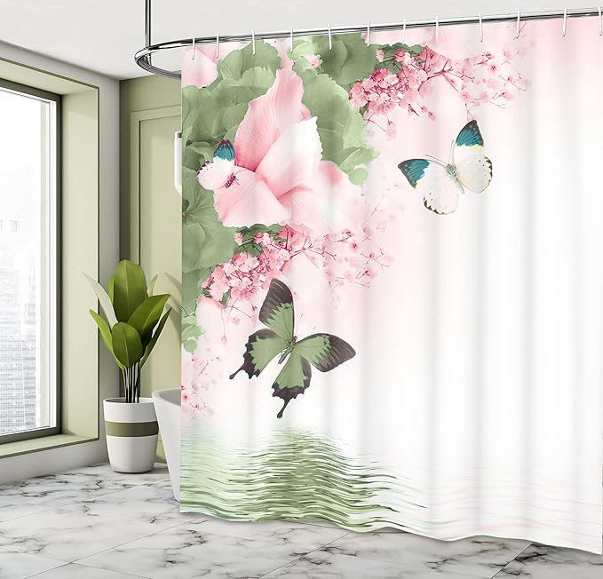 Ambesonne Floral Shower Curtain, Nature Theme Wild Flowers Monarch Flying Butterflies Lily on Lake Therapy Spa, Cloth Fabric Bathroom Decor Set with Hooks, 69" W x 70" L, Pistachio Green