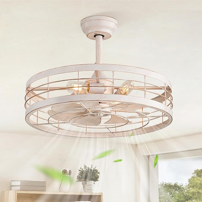 LEDIARY 22 inch Caged Ceiling Fan with Light, Bladeless Industrial Ceiling Fan with Remote, Farmhouse Fan Lights Ceiling Fixtures for Kitchen, Bedroom, Outdoor（6 Speed, Timing）-White and Gold