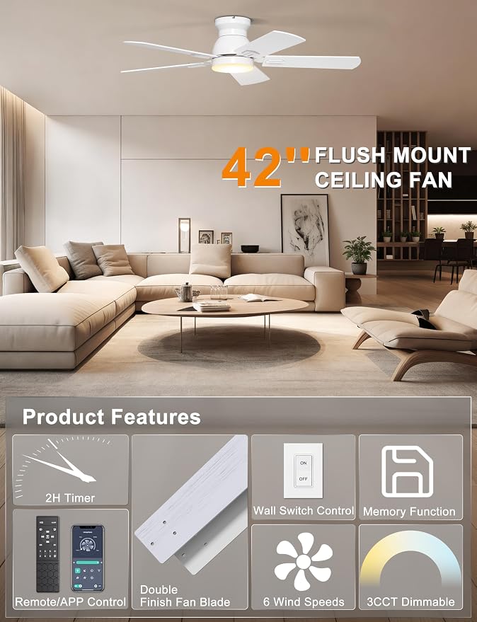Ohniyou Ceiling Fans with Lights, 42 Inch Low Profile Ceiling Fan with Light and Remote/APP Control, Flush Mount, Dimmable, Quiet DC Motor, White Small Indoor Ceiling Fan for Bedroom, Kitchen