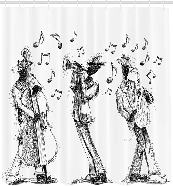 Ambesonne Music Shower Curtain, Sketch Style of a Jazz Band Playing Music with Instruments and Musical Notes Print, Cloth Fabric Bathroom Decor Set with Hooks, 69" W x 84" L, White Charcoal