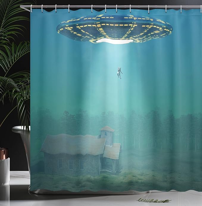 Ambesonne Outer Space Shower Curtain, Surreal Image of Visitor UFO Abduction of Humans in a Field at Foggy Misty Night, Cloth Fabric Bathroom Decor Set with Hooks, 69" W x 70" L, Teal White