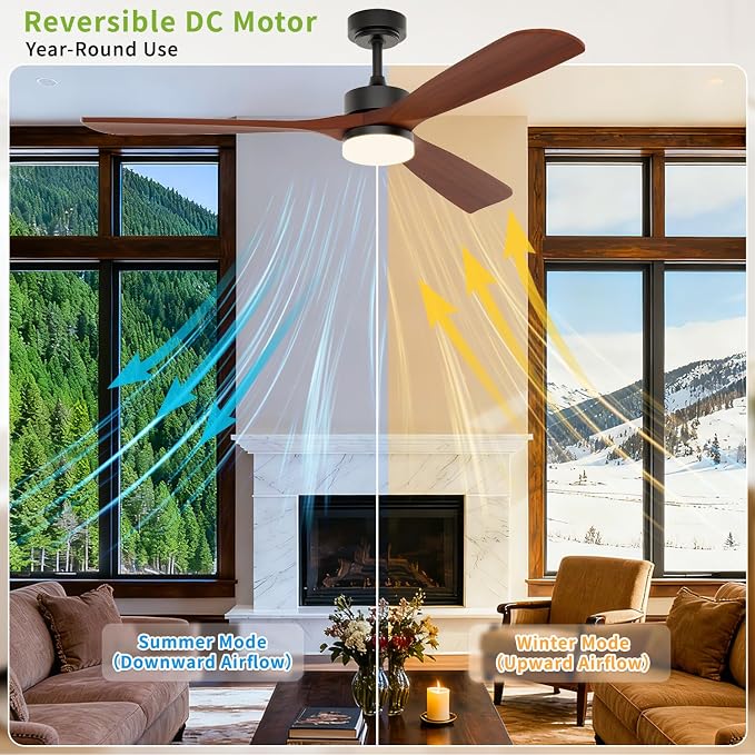 60 Inch Ceiling Fans with Lights and Remote Control, Walnut Ceiling Fan with Light for Bedroom, Living Room, Covered Outdoor, 6 Speeds Reversible Noiseless DC Motor, 3CCT, Dimmable LED Light