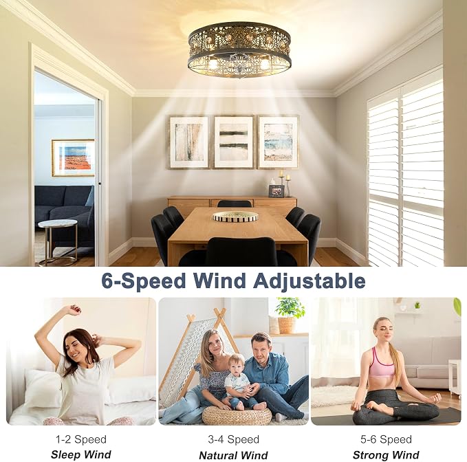 Garwarm 20" Caged Ceiling Fans with Lights,Vintage Victorian Rustic Crystal Fandelier,Low Profile Flush Mount Enclosed Bladeless Ceiling Fan with Light and Remote for Bedroom,Kitchen,Dining Room