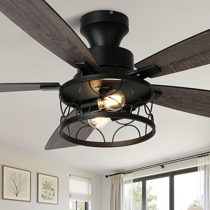 52 Inch Flush Mount Farmhouse Ceiling Fan with Lights and Remote | Rustic Fandelier Black Metal Caged Chandelier Fan, 5 Dual Blades, Reversible Quiet DC Motor 6 Speed, for Bedroom Living Room