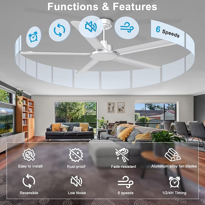 Ohniyou 60'' Industrial Ceiling Fan No Light for Patio, Garage, Silver | 6800 CFM Airflow, 35dB DC Motor, 5 Aluminum Blades, Remote/APP Control, Covered Outdoor Metal Fan