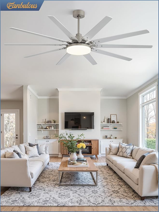 72 inch Large Brushed Nickel Modern Ceiling Fans with Lights and Remote, Indoor/Outdoor Ceiling Fan with 10 Blades, 32W LED light 3 CCT, 6 Speed Reversible Quiet DC Motor, Dual Finish Blades