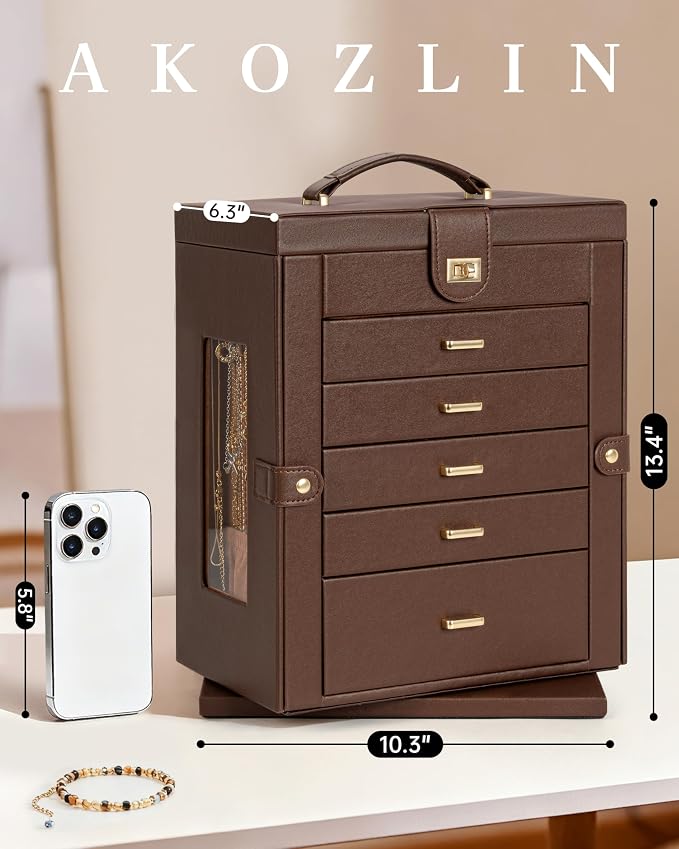 AKOZLIN 6-Tier Jewelry Box Organizer Functional 5 Drawers Leather Jewelry Storage Case for Women Girls Ring Necklace Earring Bracelet Holder Organizer with Mirror XL Brown 360° Rotating