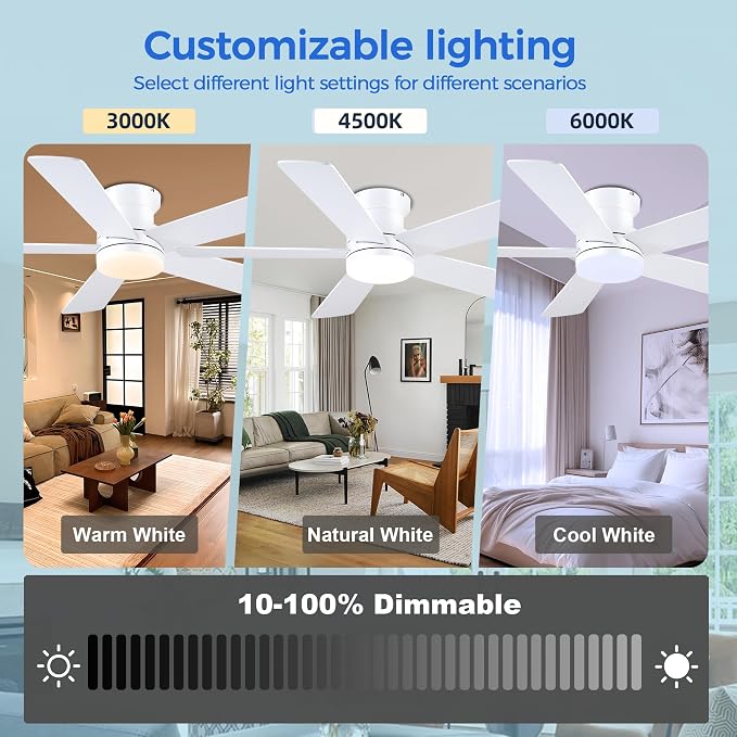 Ayaoty 48In Ceiling Fan with Light Flush Mount - White Low Profile Ceiling Fan Light with Remote/APP, 5 Reversible Dual-Sided Blades, Modern Fan Light for Indoor Bedroom, Covered Outdoor