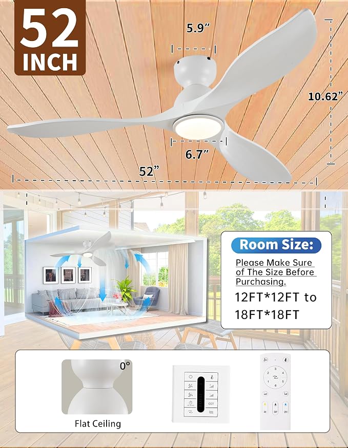 52 Inch Flush Mount Ceiling Fans with Lights and Remote,White Low Profile Ceiling Fan with Light,3 Blade,Dimmable,Quiet Noiseless DC Motor for Patios,Living Room,Bedroom(Wall Control Switch)