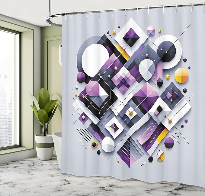 Ambesonne Geometric Shower Curtain, Abstract and Contemporary Style Shapes Circles Squares Stripes Illustration, Cloth Fabric Bathroom Decor Set with Hooks, 69" W x 75" L, Purple Orange