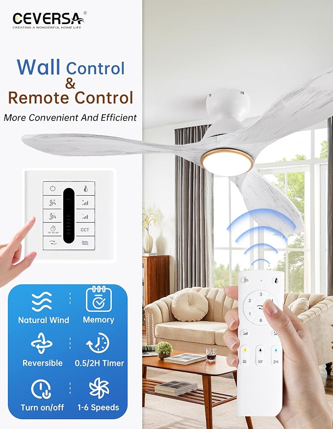 52 Inch Flush Mount Ceiling Fans with Lights and Remote,White and Gold Low Profile Ceiling Fan with Light,Dimmable,Quiet Noiseless DC Motor for Patios,Living Room,Bedroom(Wall Control Switch)