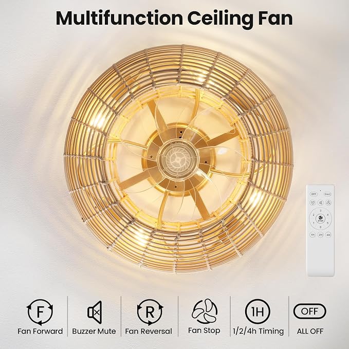 AIJIASI 20" Boho Ceiling Fan with Light and Remote, Rattan Caged Ceiling Fan with Light 6 Speeds Flush Mount Fandelier Ceiling Fan for Bedroom Living Room (4*E26 Base)