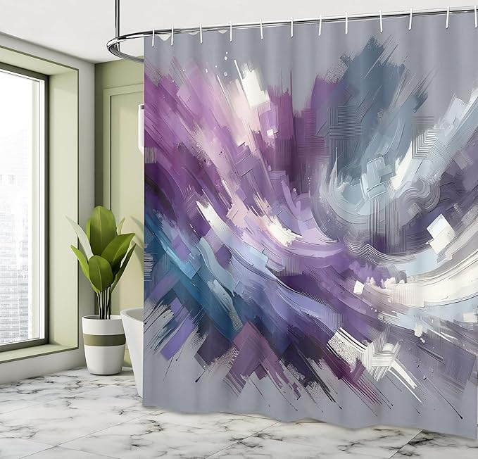 Ambesonne Purple Shower Curtain, Contemporary Art of Asymmetric Design Brushstrokes on Grey Back, Cloth Fabric Bathroom Decor Set with Hooks, 69" W x 75" L, Dark Indigo and Slate Blue