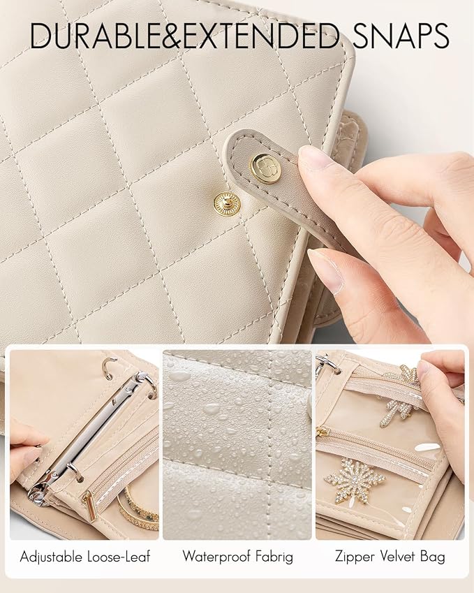 VLANDO Mini Travel Jewelry Organizer Case,Portable Jewelry Organizers Storage Book with Clear Zipper Velvet Jewelry Pouch Bag for Travel Essentials,Ring,Earring-Cream White