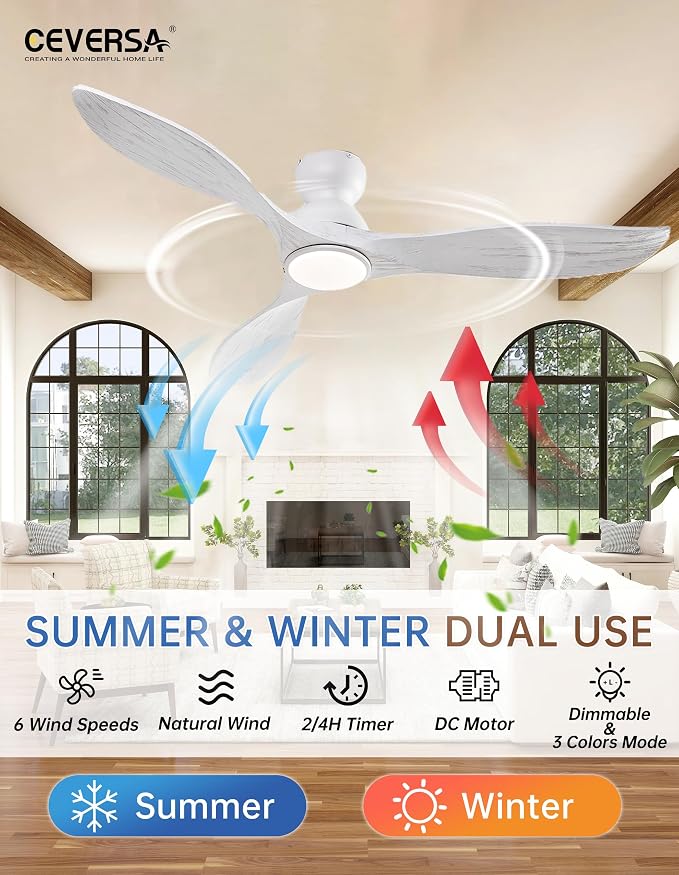 52 Inch Low Profile Ceiling Fans with Lights and Remote, White Flush Mount 3 Blade Wood Ceiling Fan,Dimmable,Quiet Noiseless for Patios,Living Room,Bedroom(Wall Control Switch)