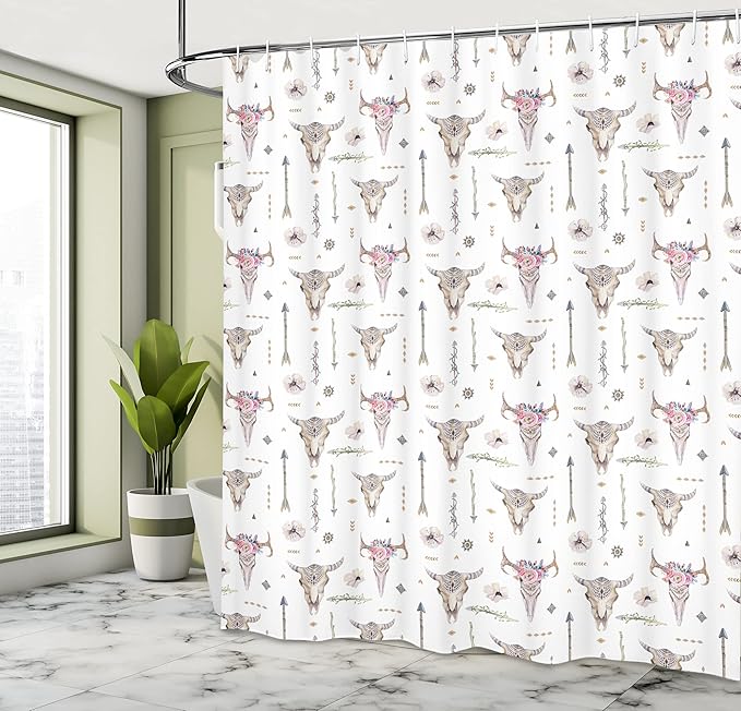 Ambesonne Arrows Shower Curtain, Boho Pattern Artwork with Arrows Feathers Cow Skulls Rustic Theme Artwork, Cloth Fabric Bathroom Decor Set with Hooks, 69" W x 75" L, White Ivory