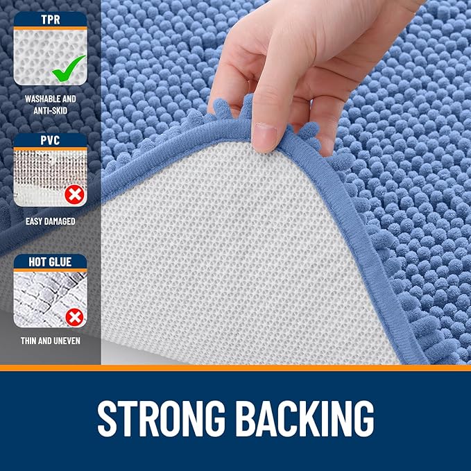 OLANLY Bathroom Runner Rugs 47x24, Soft Absorbent Chenille Bath Rugs, Rubber Backing Quick Dry, Machine Washable Long Bath Mats for Bathroom, Tub and Shower, Home Decor Accessories, Cornflower Blue
