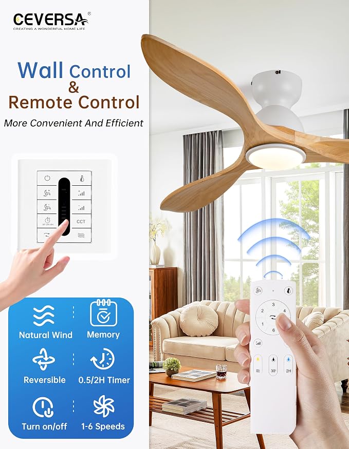 52 Inch Flush Mount Ceiling Fans with Lights and Remote,Low Profile Natural Wood 3 Blade Ceiling Fan,Dimmable,Quiet Noiseless DC Motor for Patios,Living Room,Bedroom(Wall Control Switch)