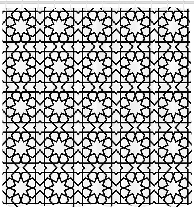 Ambesonne Moroccan Shower Curtain, Moroccan Style Mosaic Ornament with Geometric Patterns Classic Print, Cloth Fabric Bathroom Decor Set with Hooks, 69" W x 70" L, Black White